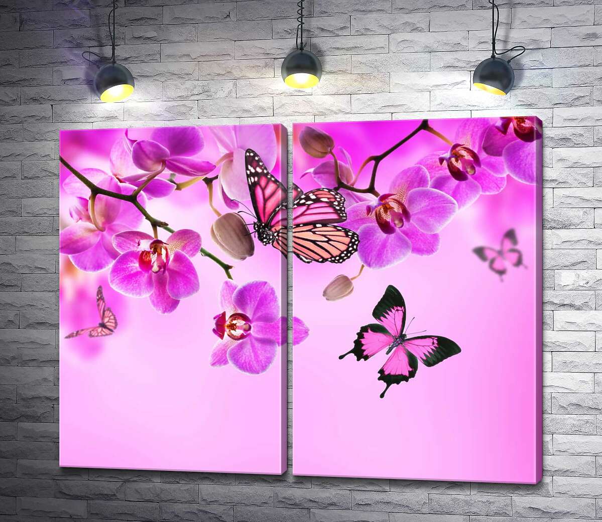 модульная картина Полеты бабочек среди неоново-розовых ветвей орхидей