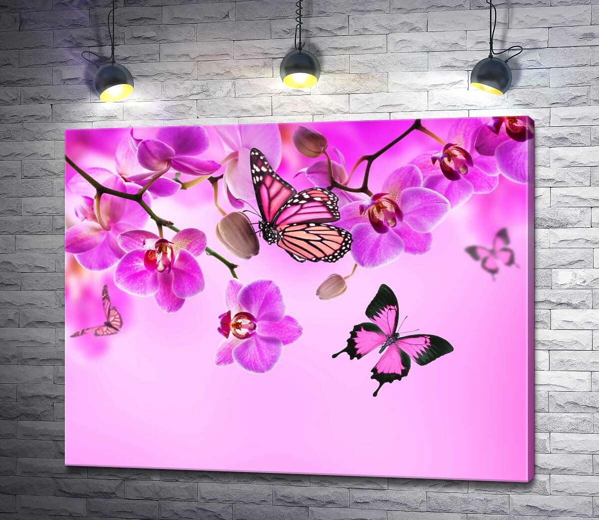 картина Полеты бабочек среди неоново-розовых ветвей орхидей
