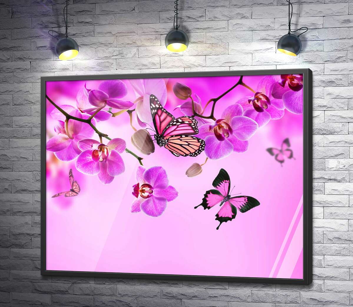постер Полеты бабочек среди неоново-розовых ветвей орхидей