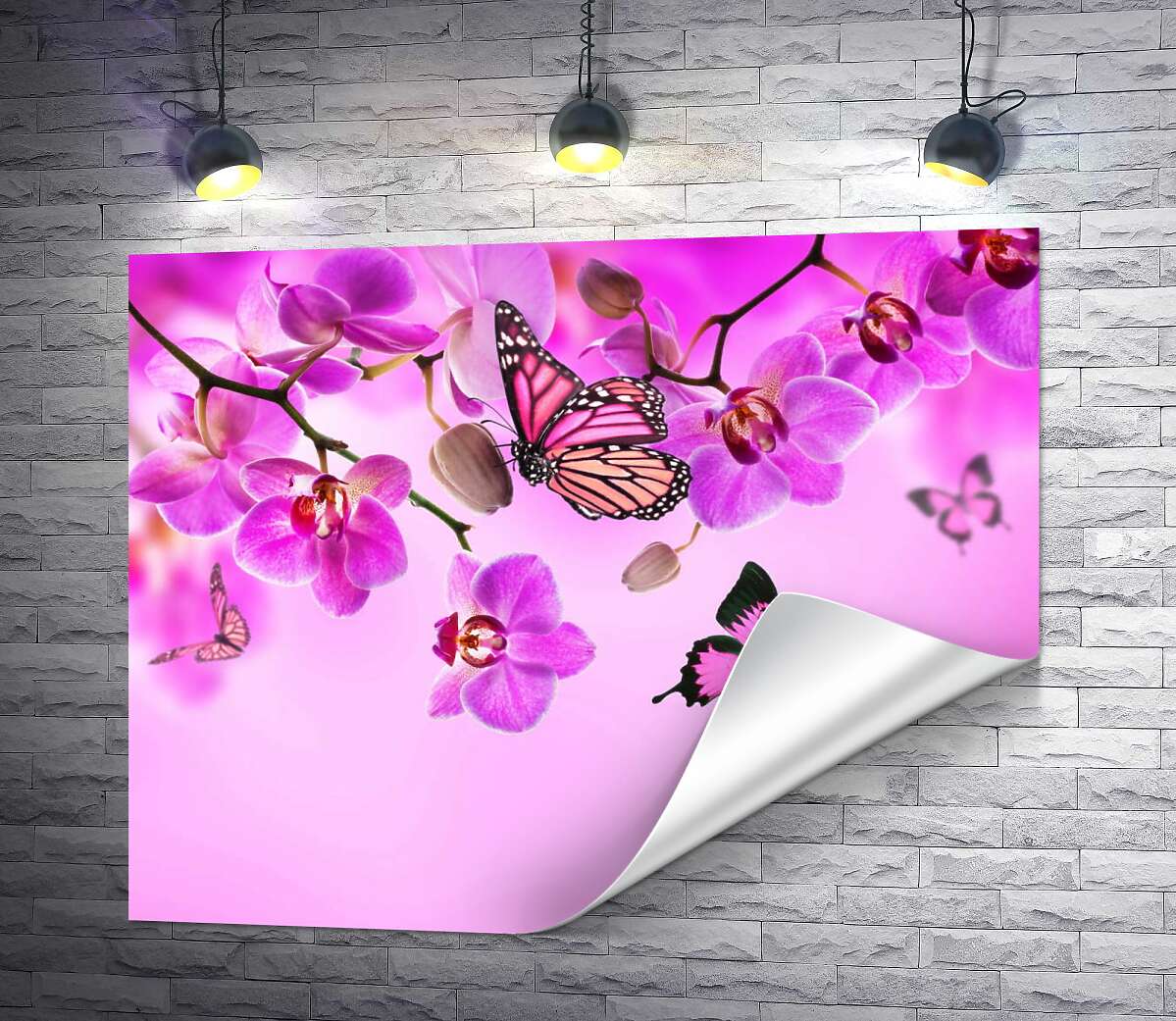 печать Полеты бабочек среди неоново-розовых ветвей орхидей