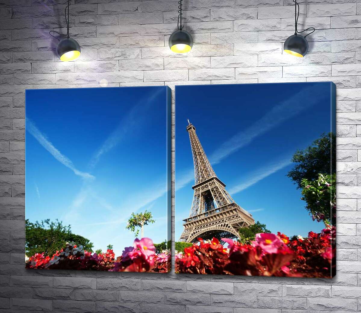 модульная картина Эйфелева башня возвышается над цветником с бегониями