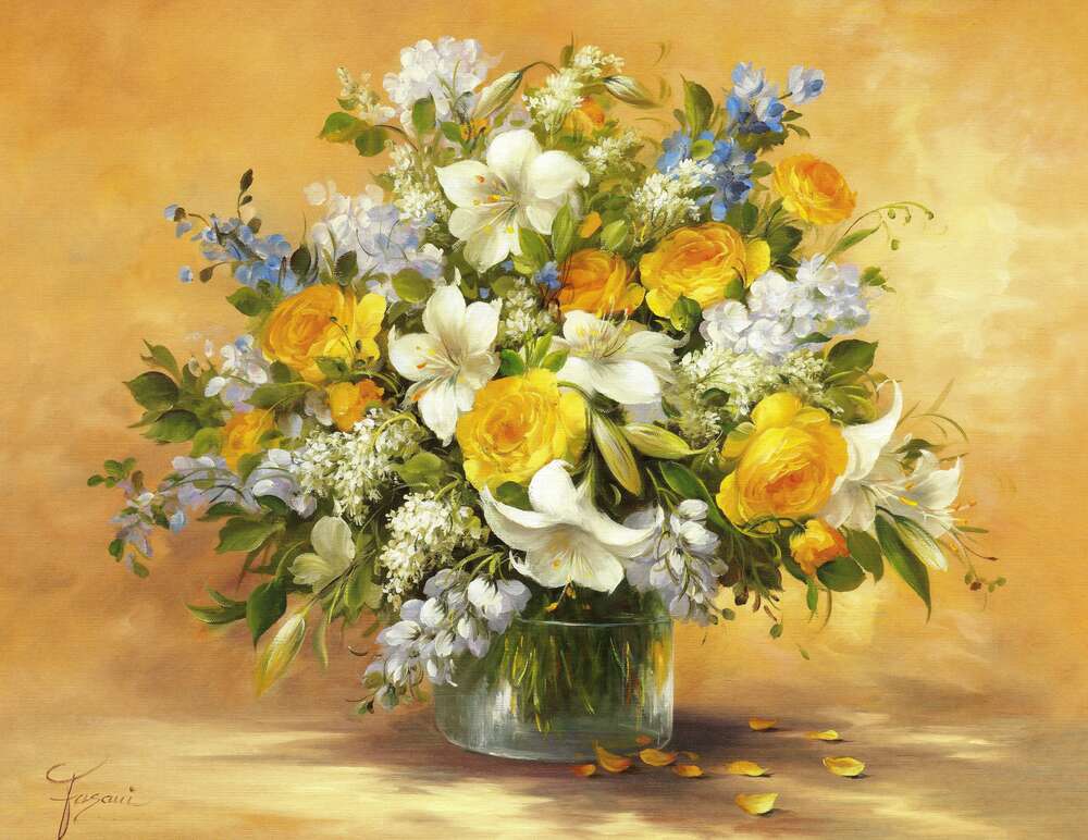 картина-постер Буйний букет із сонячно-жовтих троянд, витончених лілій та небесно-блакитних дзвіночків