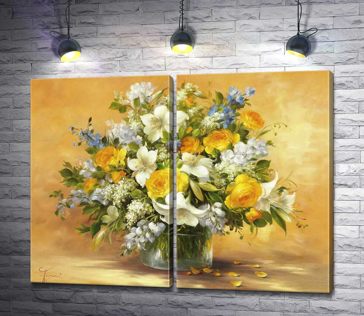 модульна картина Буйний букет із сонячно-жовтих троянд, витончених лілій та небесно-блакитних дзвіночків