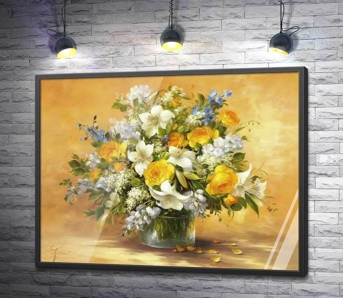 постер Буйний букет із сонячно-жовтих троянд, витончених лілій та небесно-блакитних дзвіночків