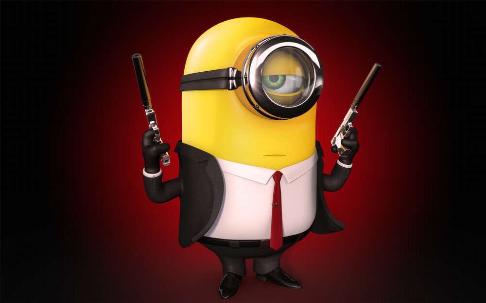 картина-постер Самовпевнений міньйон Хітман (Hitman minion) в костюмі з пістолетами