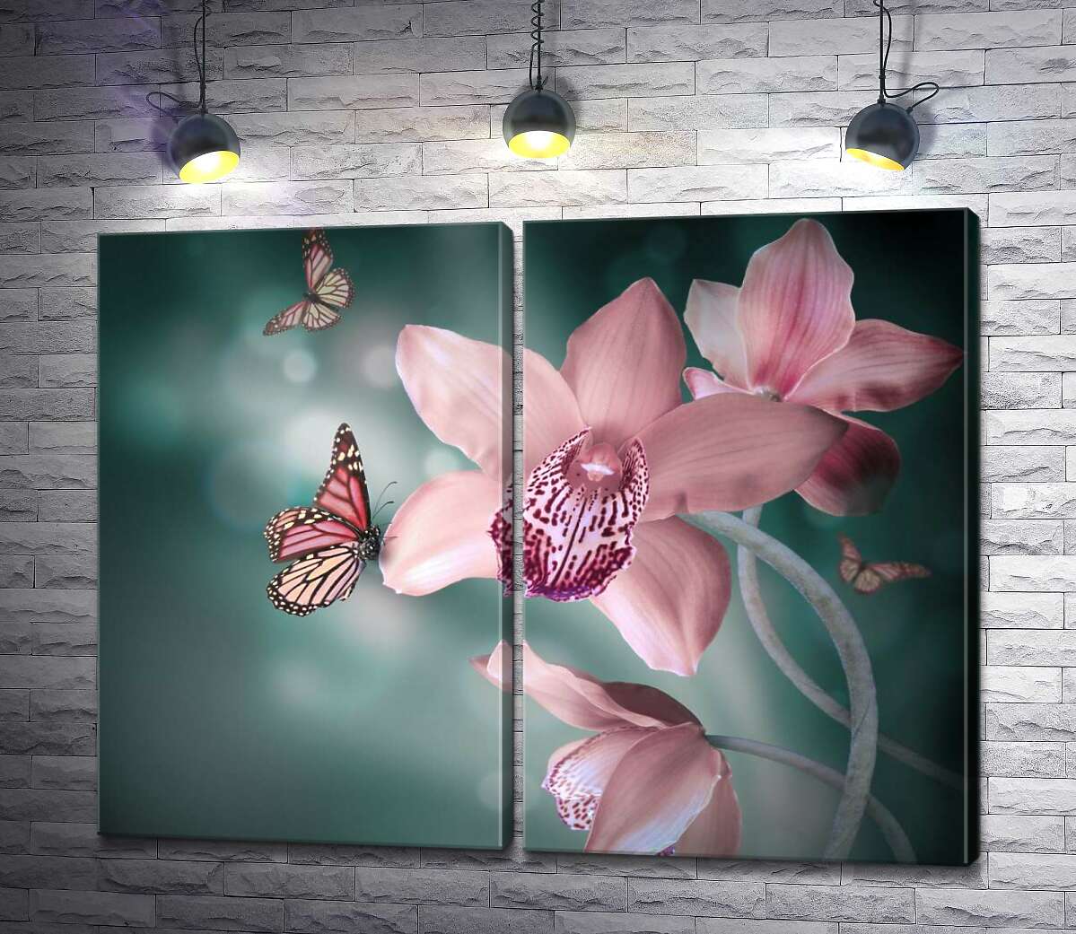 модульная картина Цветные бабочки парят среди остролистых орхидей
