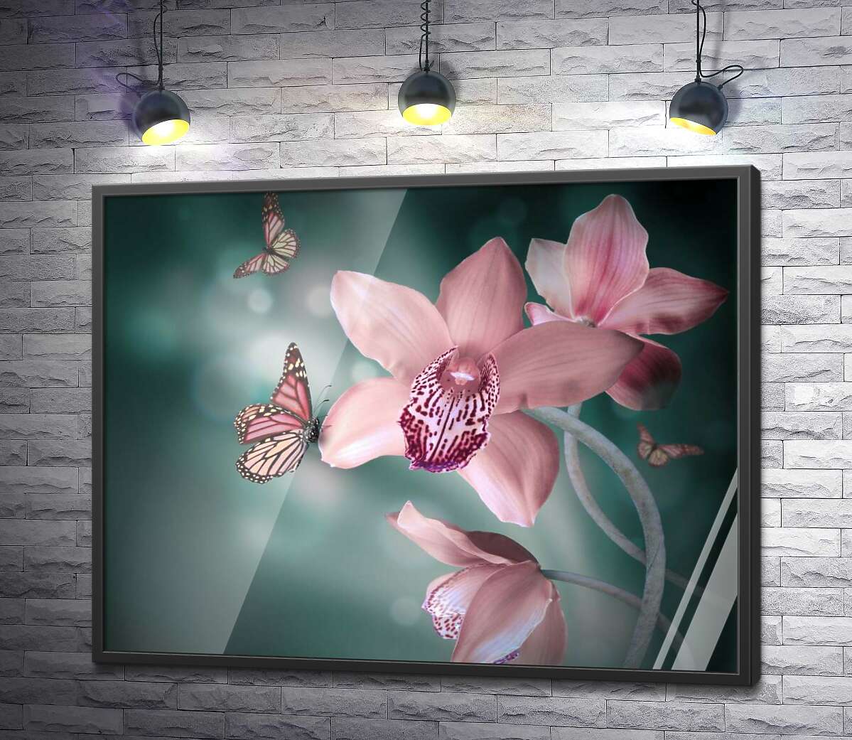 постер Кольорові метелики парять серед гостролистих орхідей