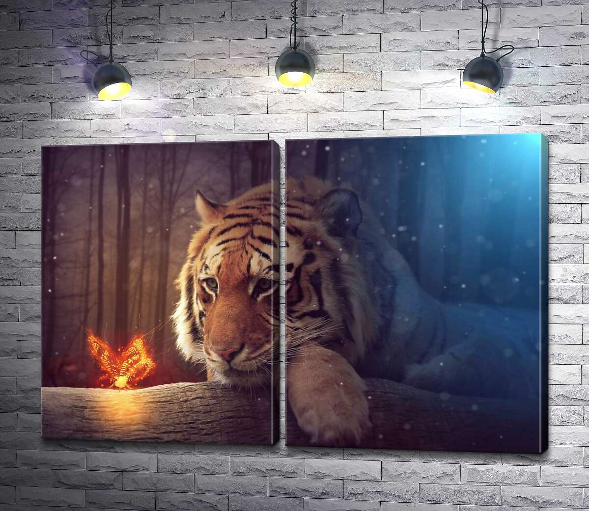 модульна картина Могутній тигр спостерігає за вогняним метеликом
