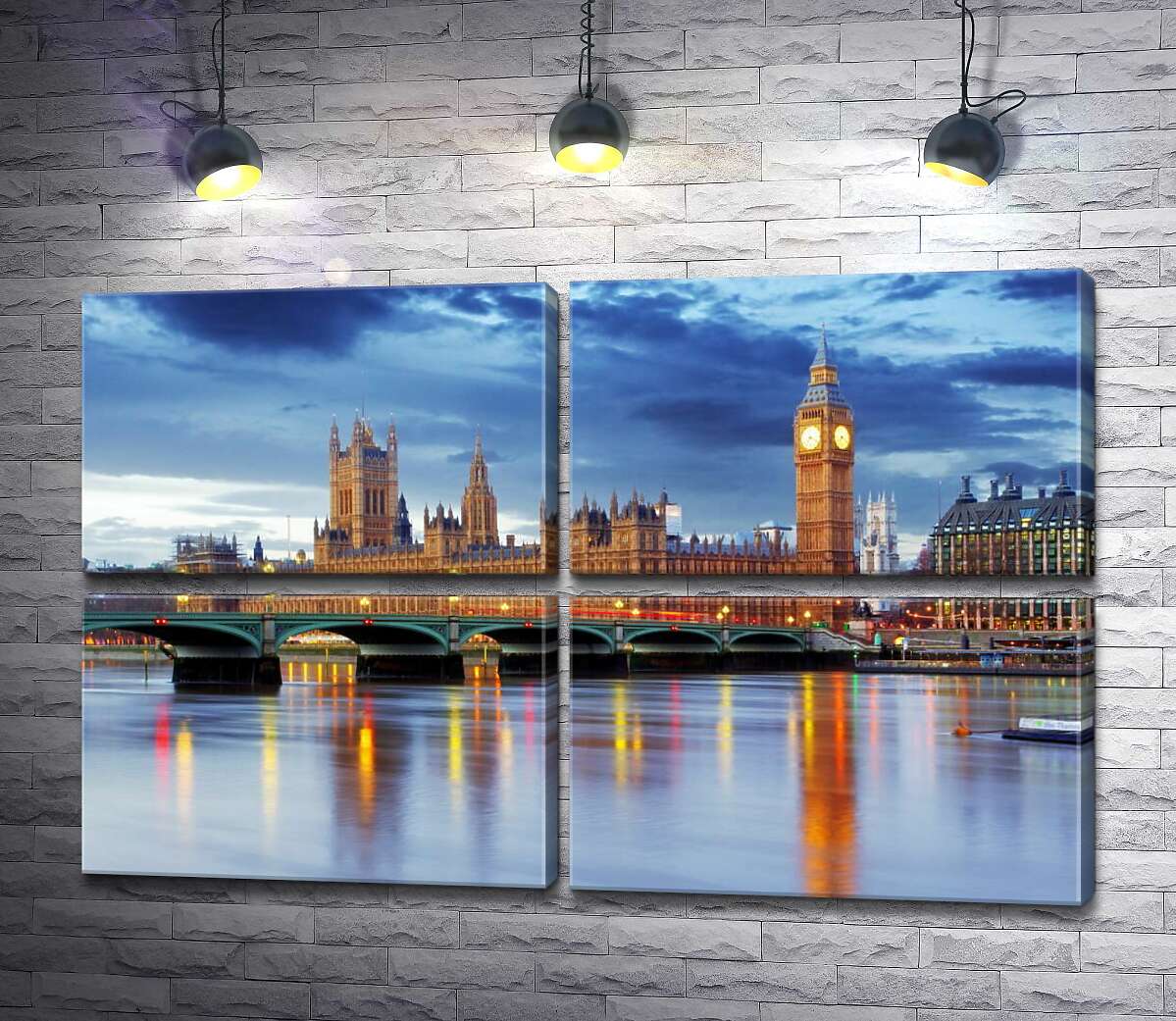 модульная картина Здание британского парламента и знаменитый Биг-Бен (Big Ben) виднеются из-за моста через Темзу (Модуль №25)