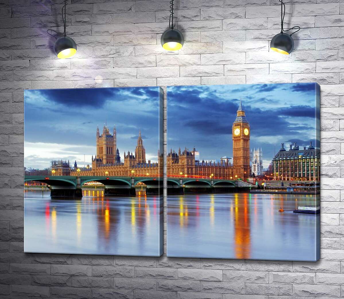 модульная картина Здание британского парламента и знаменитый Биг-Бен (Big Ben) виднеются из-за моста через Темзу