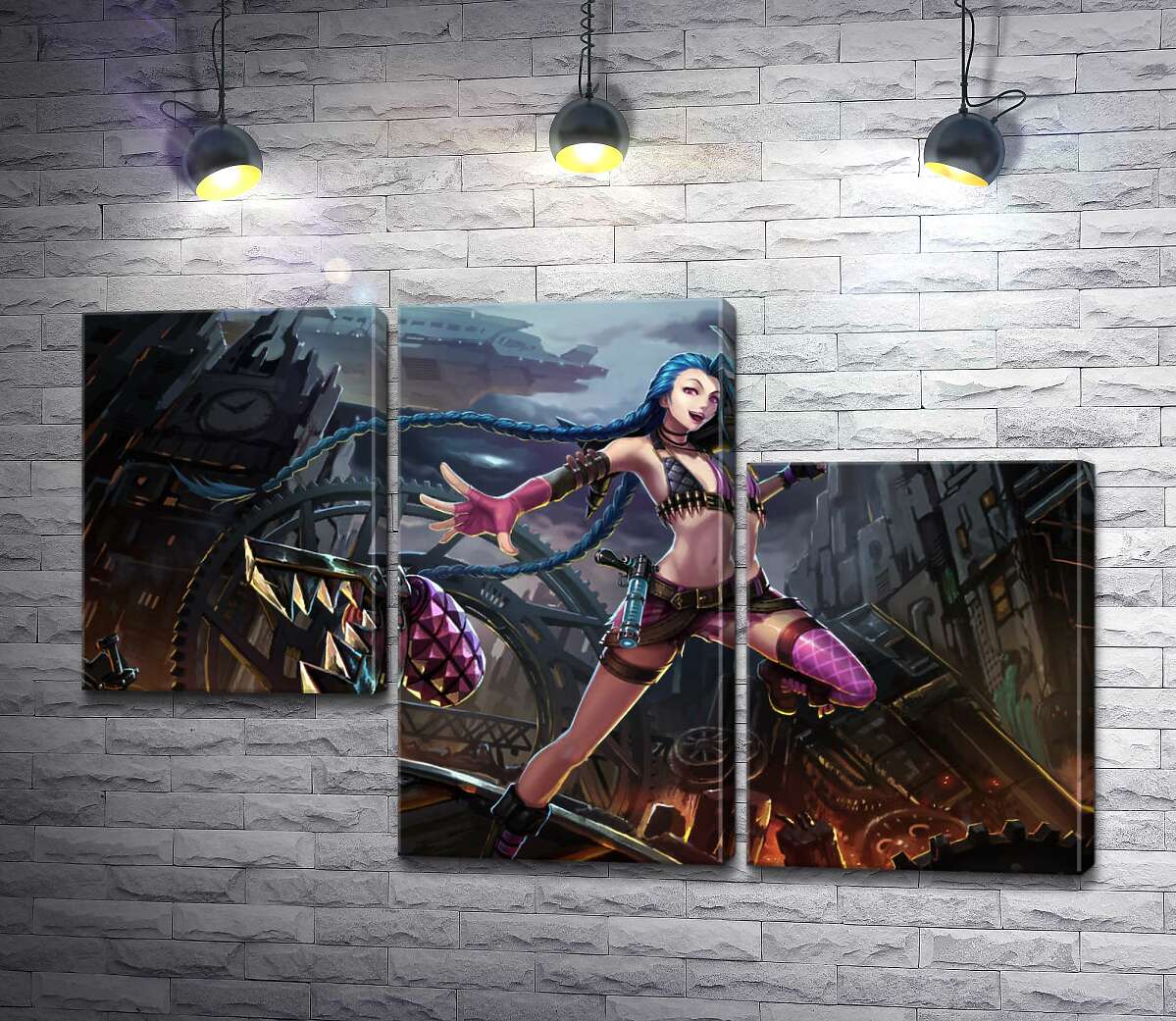 модульная картина Героиня игры League of Legends, хулиганка Джинкс, на фоне разрушенного города (Модуль №13)
