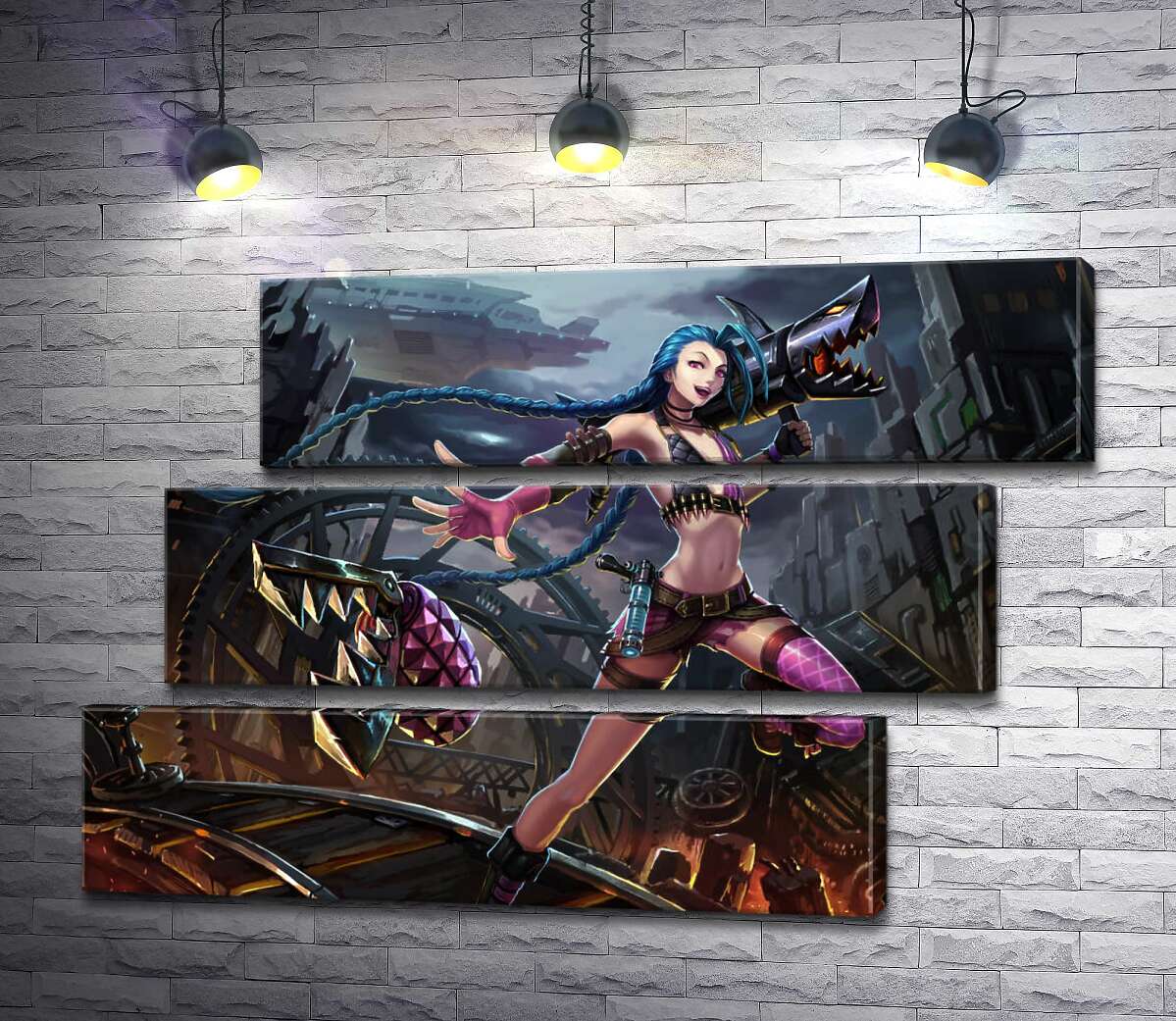модульна картина Героїня гри League of Legends, хуліганка Джинкс, на фоні зруйнованого міста (Модуль №17)