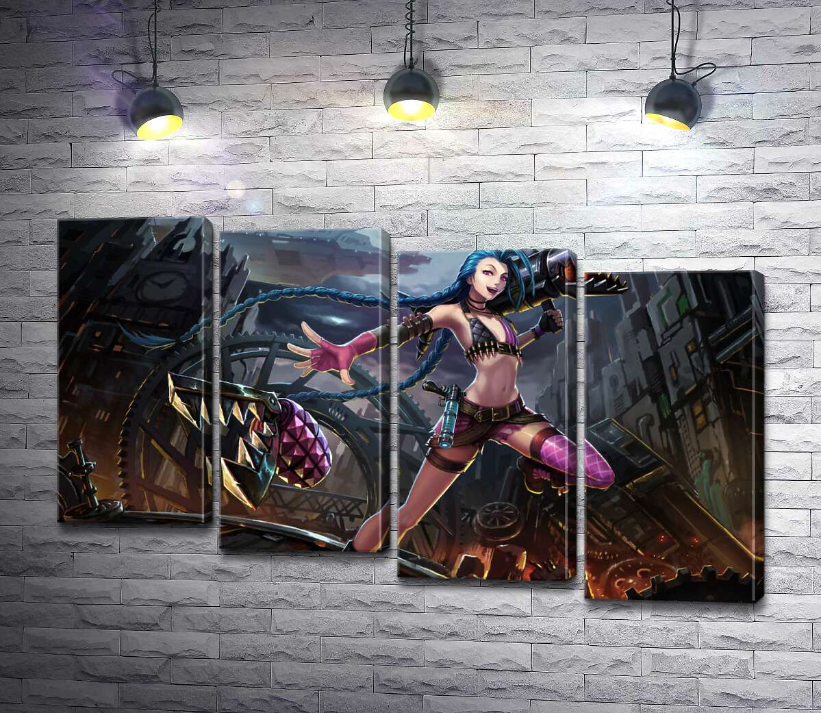 модульна картина Героїня гри League of Legends, хуліганка Джинкс, на фоні зруйнованого міста (Модуль №19)