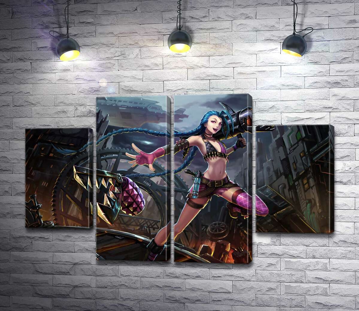 модульная картина Героиня игры League of Legends, хулиганка Джинкс, на фоне разрушенного города (Модуль №20)