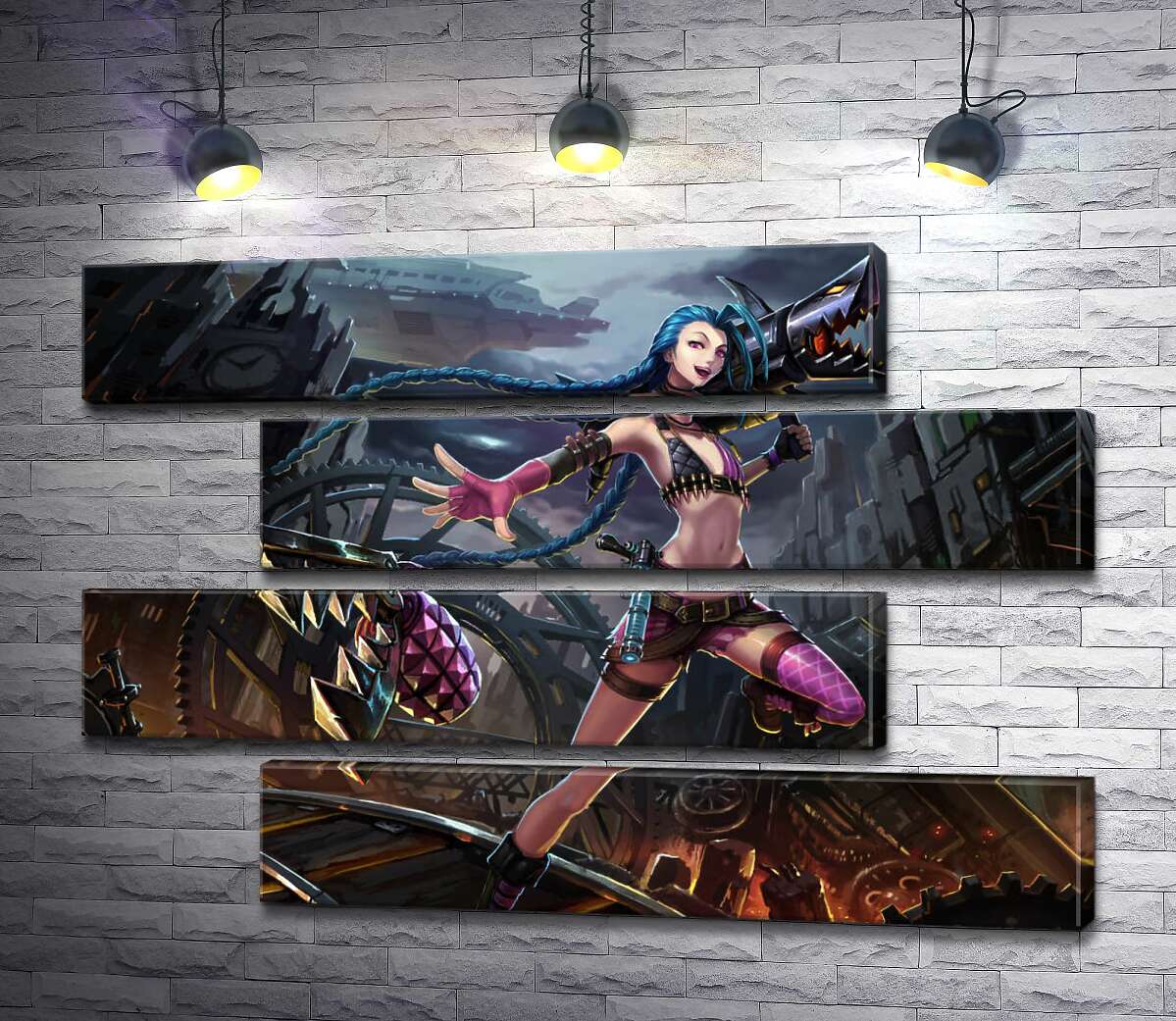 модульная картина Героиня игры League of Legends, хулиганка Джинкс, на фоне разрушенного города (Модуль №23)