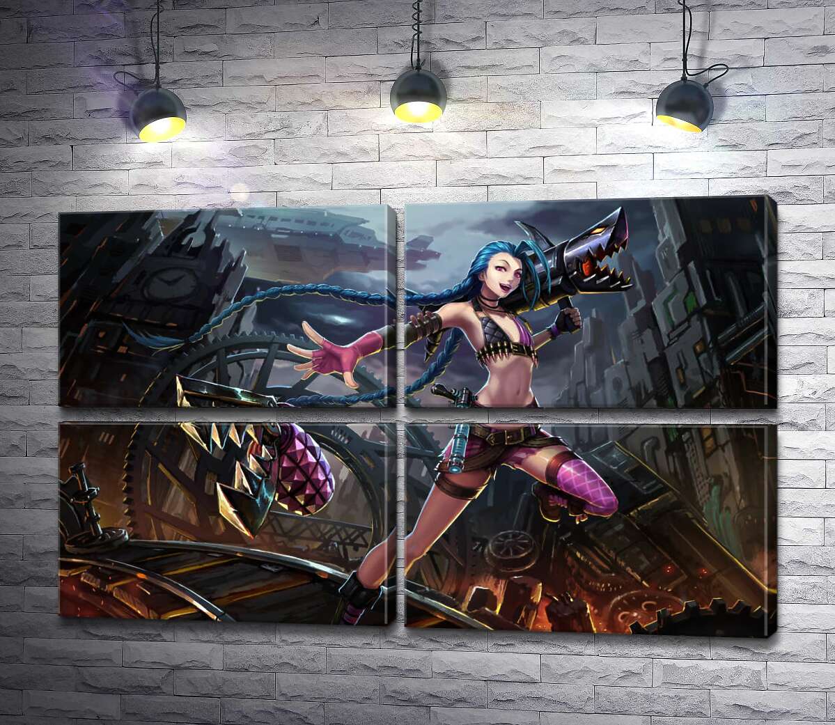 модульна картина Героїня гри League of Legends, хуліганка Джинкс, на фоні зруйнованого міста (Модуль №25)