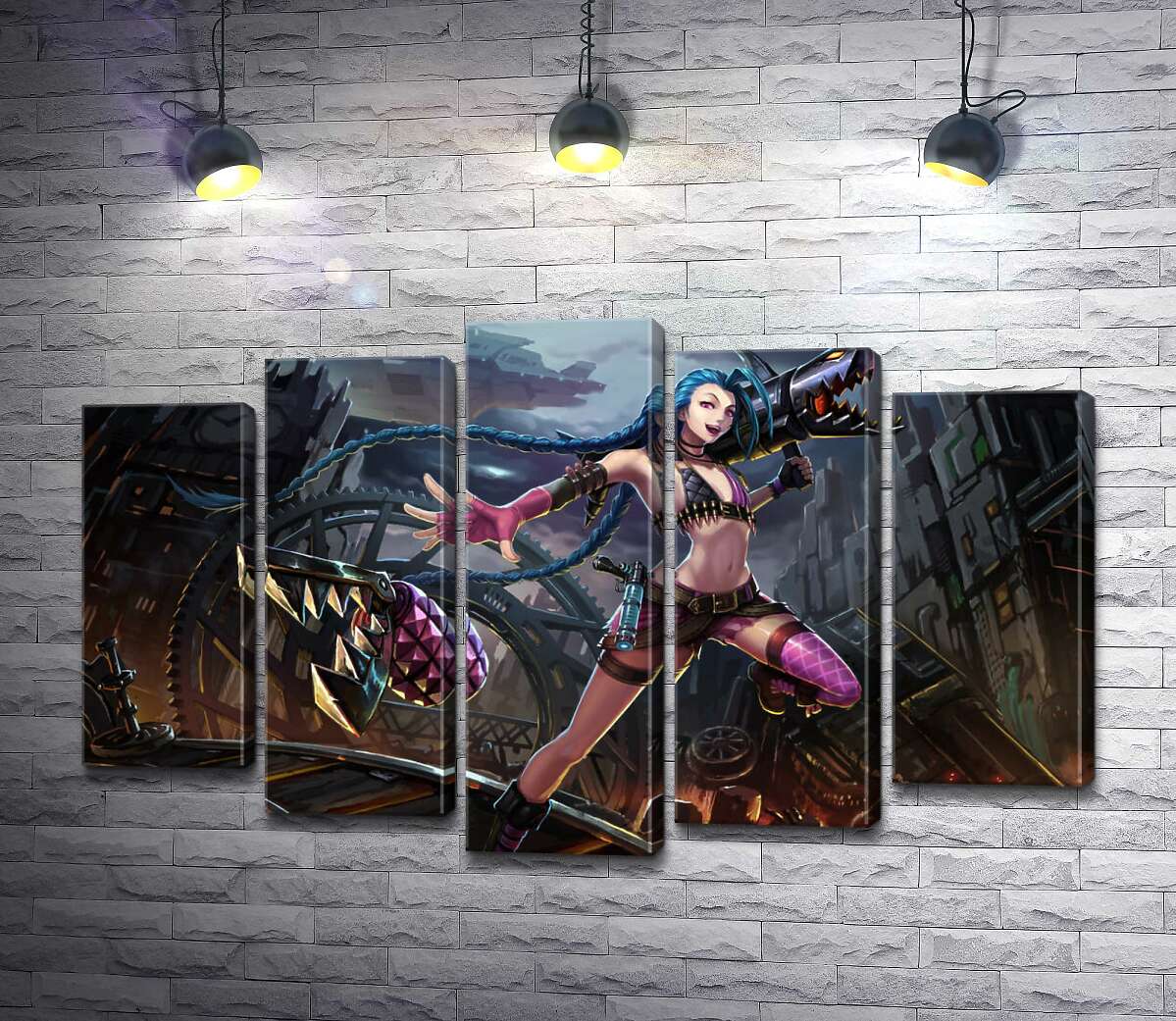 модульная картина Героиня игры League of Legends, хулиганка Джинкс, на фоне разрушенного города (Модуль №4)