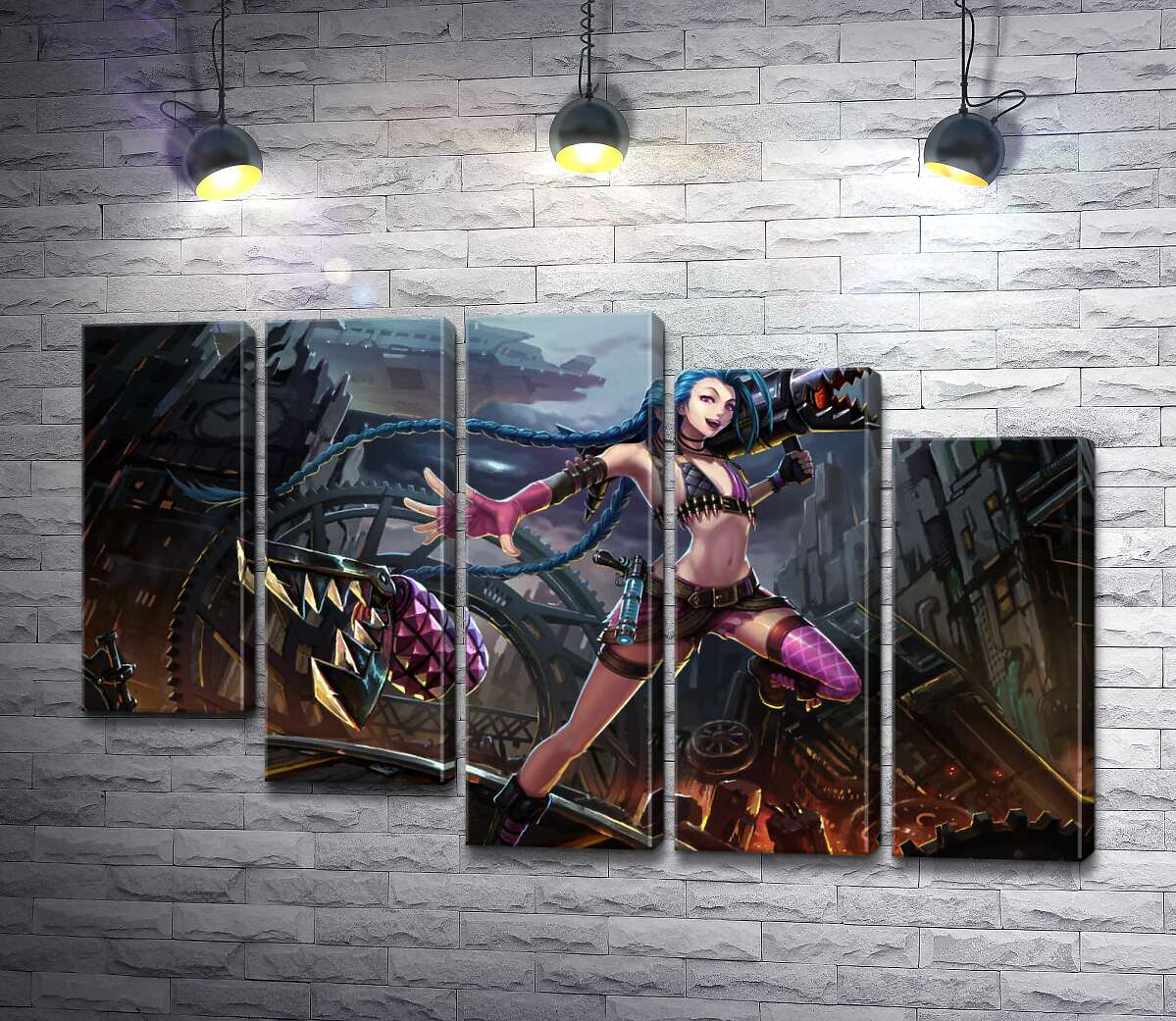 модульна картина Героїня гри League of Legends, хуліганка Джинкс, на фоні зруйнованого міста (Модуль №28)