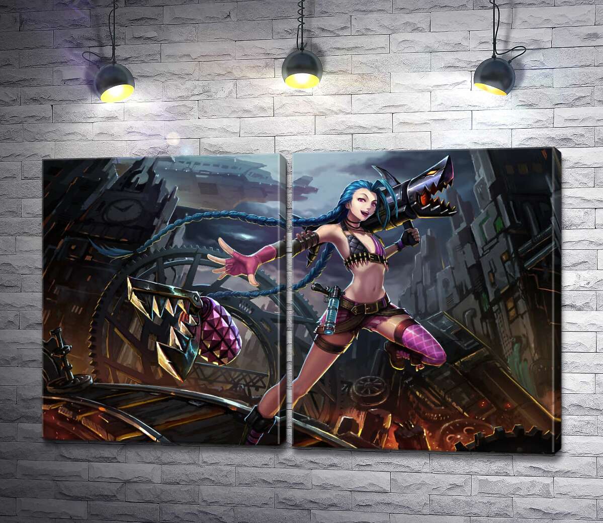 модульная картина Героиня игры League of Legends, хулиганка Джинкс, на фоне разрушенного города
