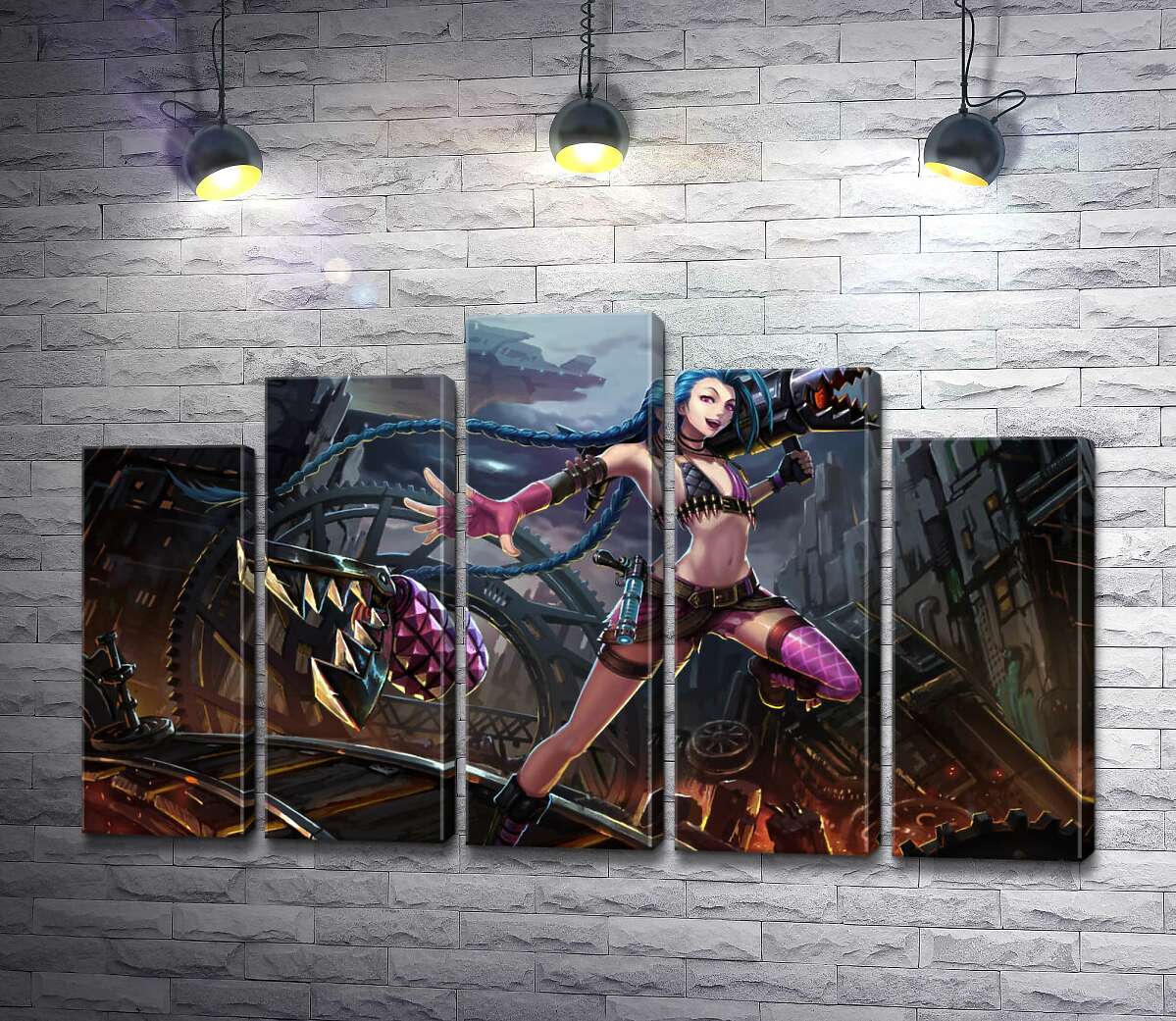 модульная картина Героиня игры League of Legends, хулиганка Джинкс, на фоне разрушенного города (Модуль №29)