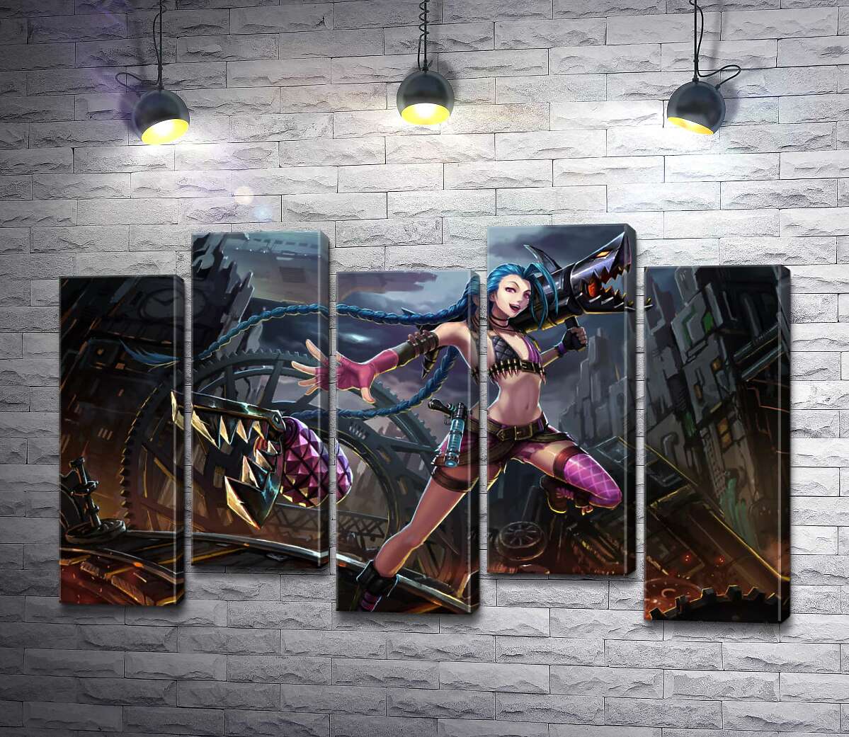 модульна картина Героїня гри League of Legends, хуліганка Джинкс, на фоні зруйнованого міста (Модуль №30)