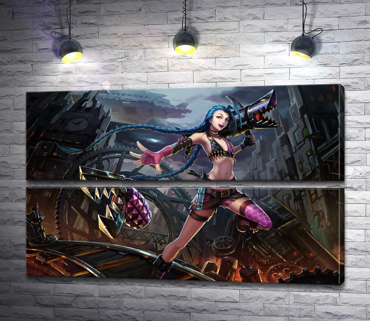 модульна картина Героїня гри League of Legends, хуліганка Джинкс, на фоні зруйнованого міста (Модуль №7)