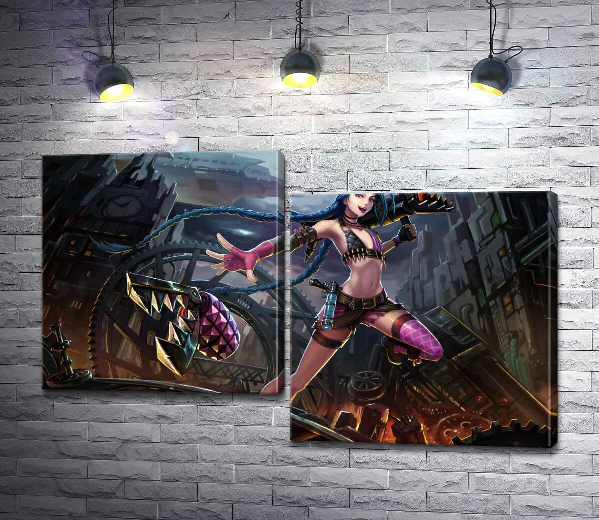 модульная картина Героиня игры League of Legends, хулиганка Джинкс, на фоне разрушенного города (Модуль №9)