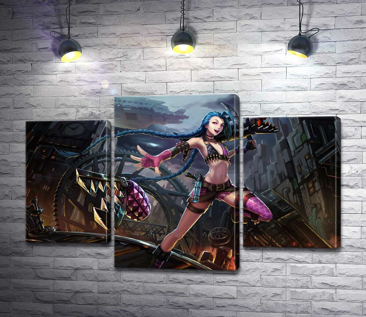 модульна картина Героїня гри League of Legends, хуліганка Джинкс, на фоні зруйнованого міста (Модуль №10)