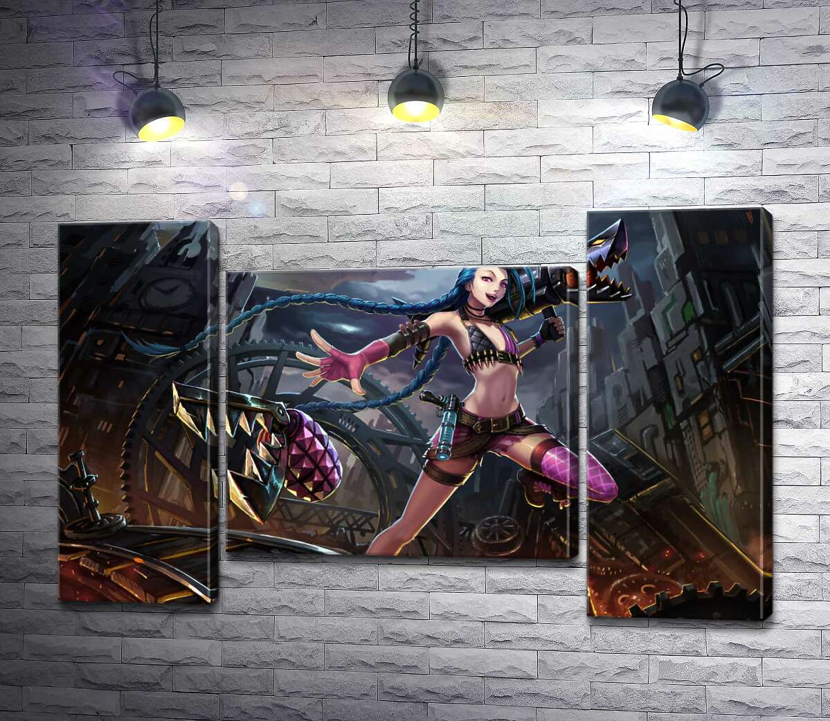 модульная картина Героиня игры League of Legends, хулиганка Джинкс, на фоне разрушенного города (Модуль №11)