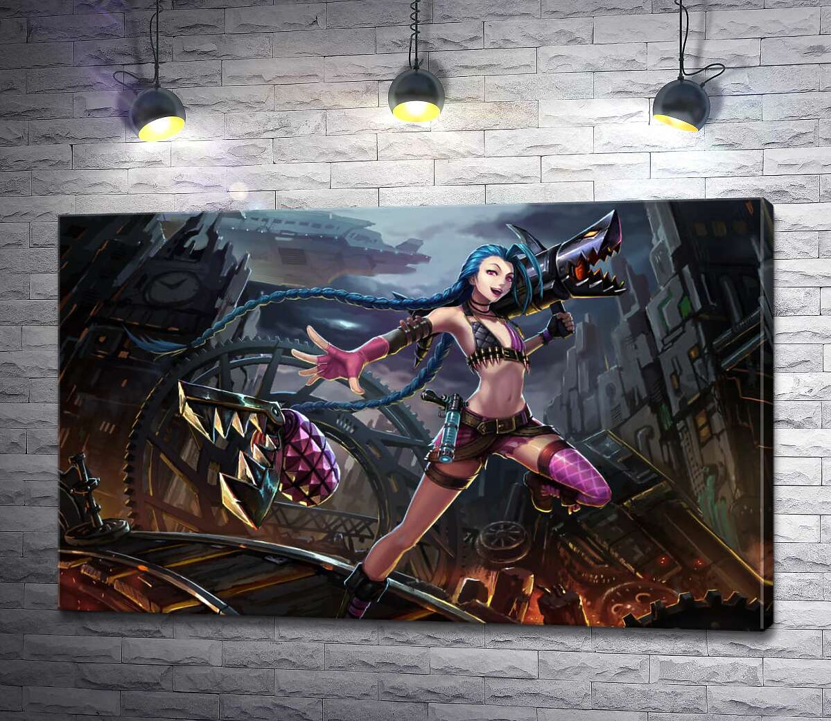 картина Героїня гри League of Legends, хуліганка Джинкс, на фоні зруйнованого міста