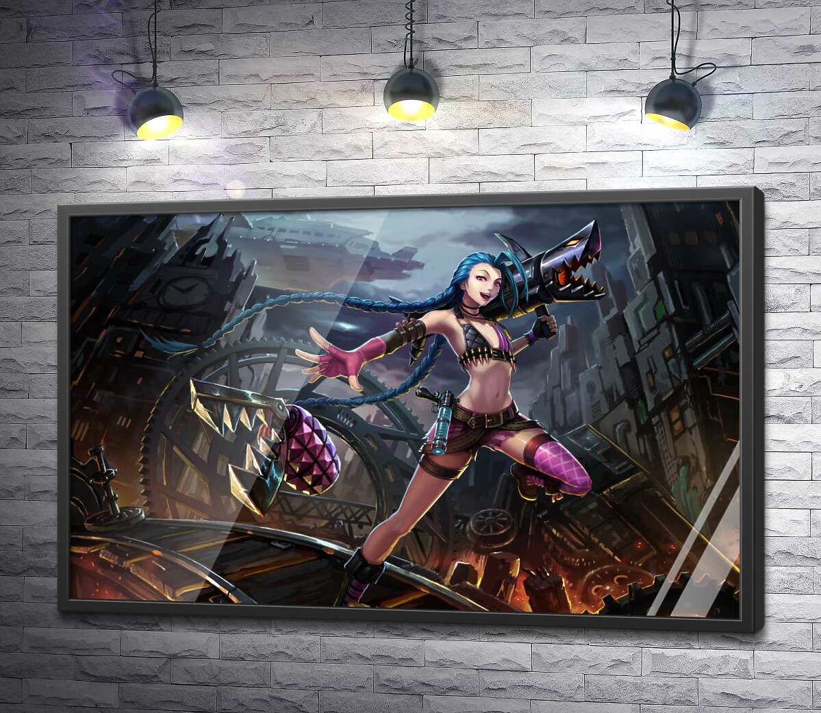 постер Героїня гри League of Legends, хуліганка Джинкс, на фоні зруйнованого міста