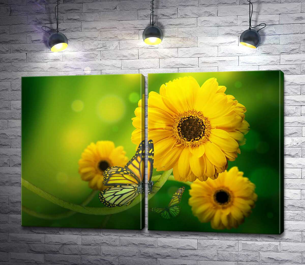 модульная картина Солнечно-желтые бабочки пролетают мимо золотых гербер