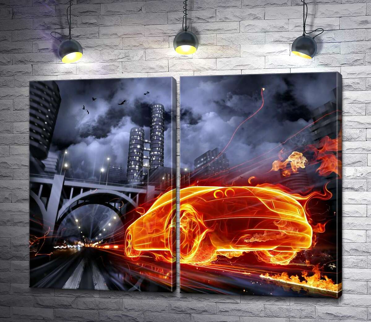 модульная картина Огненный призрак автомобиля несется под мост ночного города