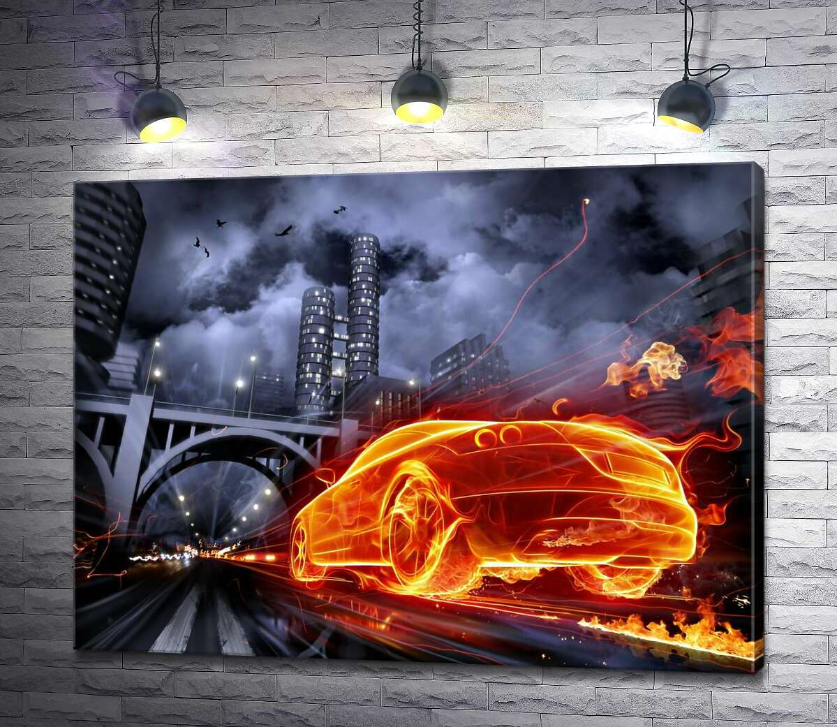 картина Огненный призрак автомобиля несется под мост ночного города