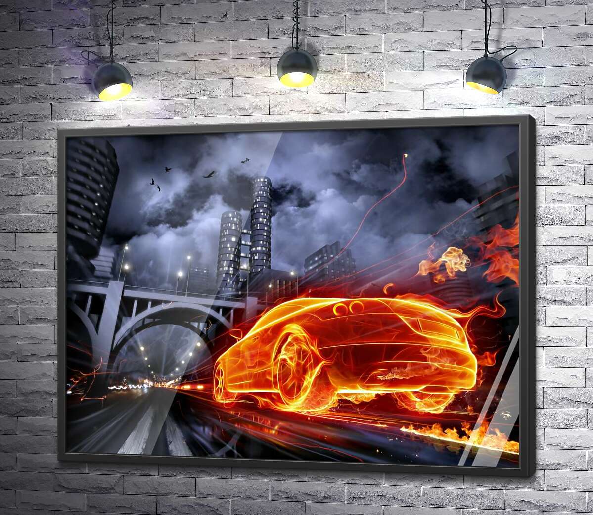 постер Вогняний привид автомобіля мчить під міст нічного міста