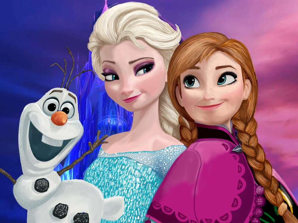 картина-постер Сестри Анна, Ельза та кумедний сніговик Олаф - герої мультфільму "Крижане серце" (Frozen)