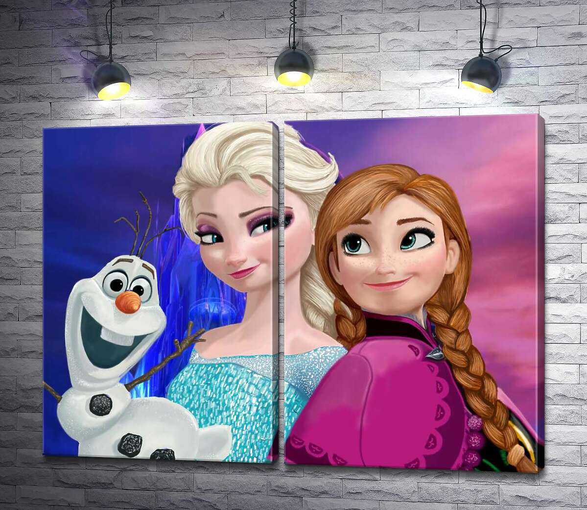 модульна картина Сестри Анна, Ельза та кумедний сніговик Олаф - герої мультфільму "Крижане серце" (Frozen)
