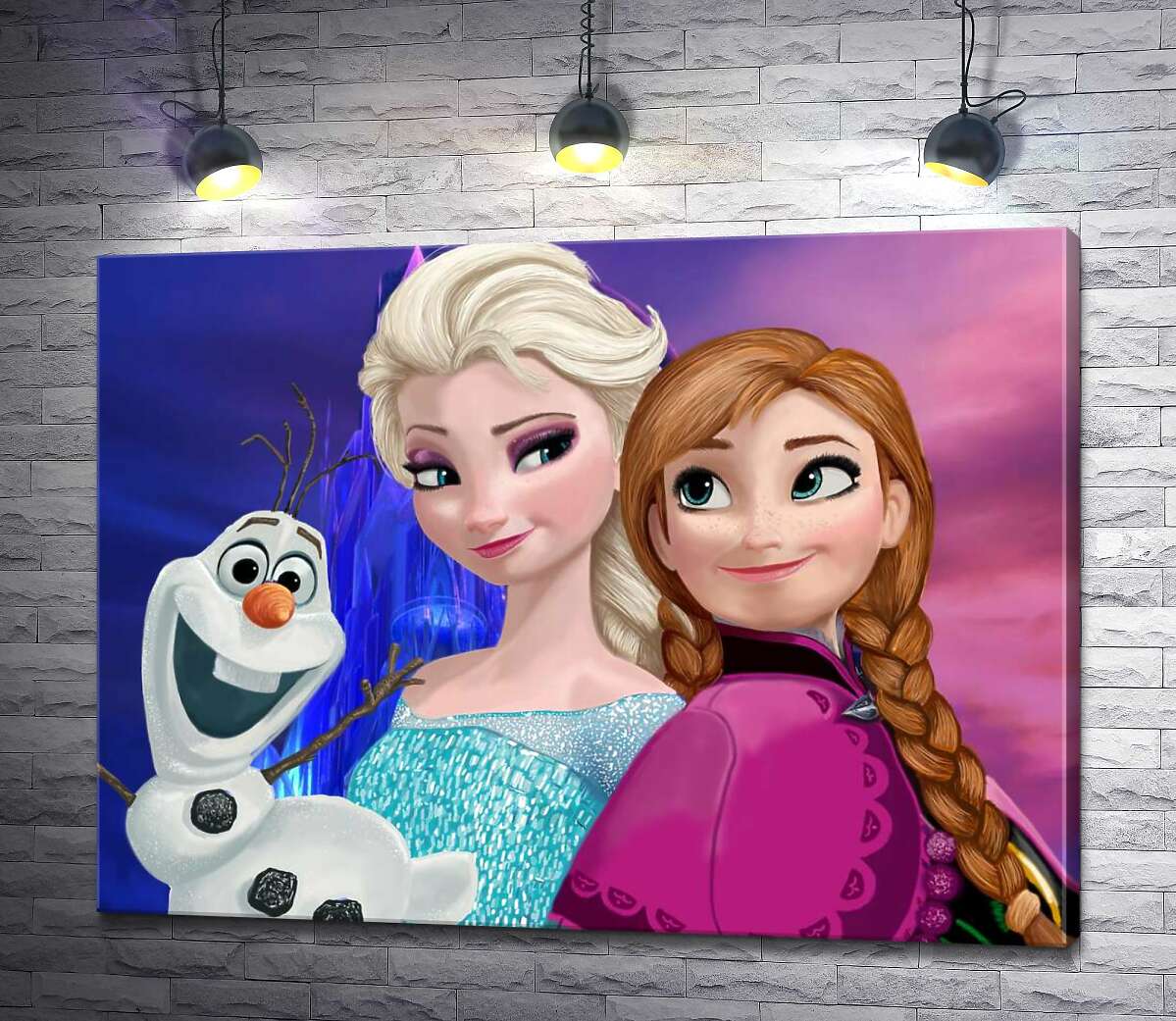 картина Сестри Анна, Ельза та кумедний сніговик Олаф - герої мультфільму "Крижане серце" (Frozen)