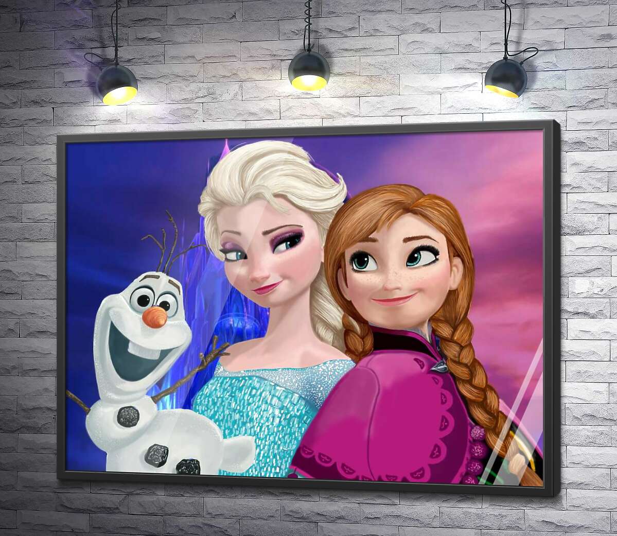 постер Сестри Анна, Ельза та кумедний сніговик Олаф - герої мультфільму "Крижане серце" (Frozen)