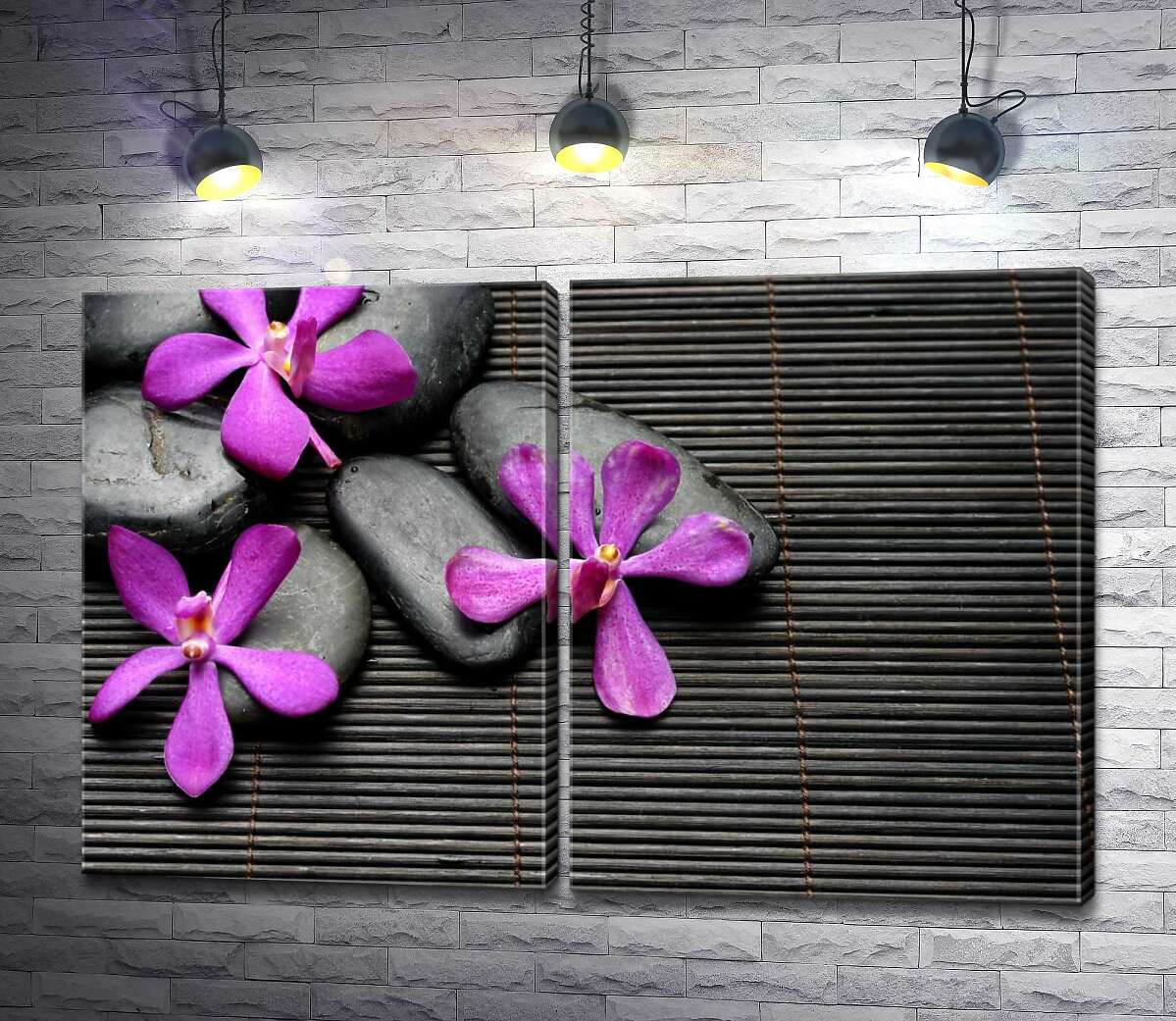 модульна картина Яскраві квіти орхідей на чорному камінні та бамбуковому килимі