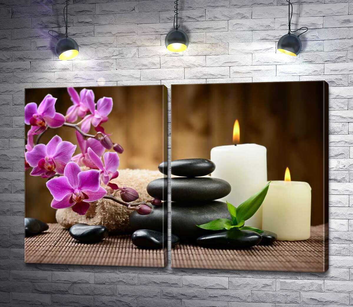 модульная картина Спа-отдых в ароматах свечей, орхидей среди бамбука и камней