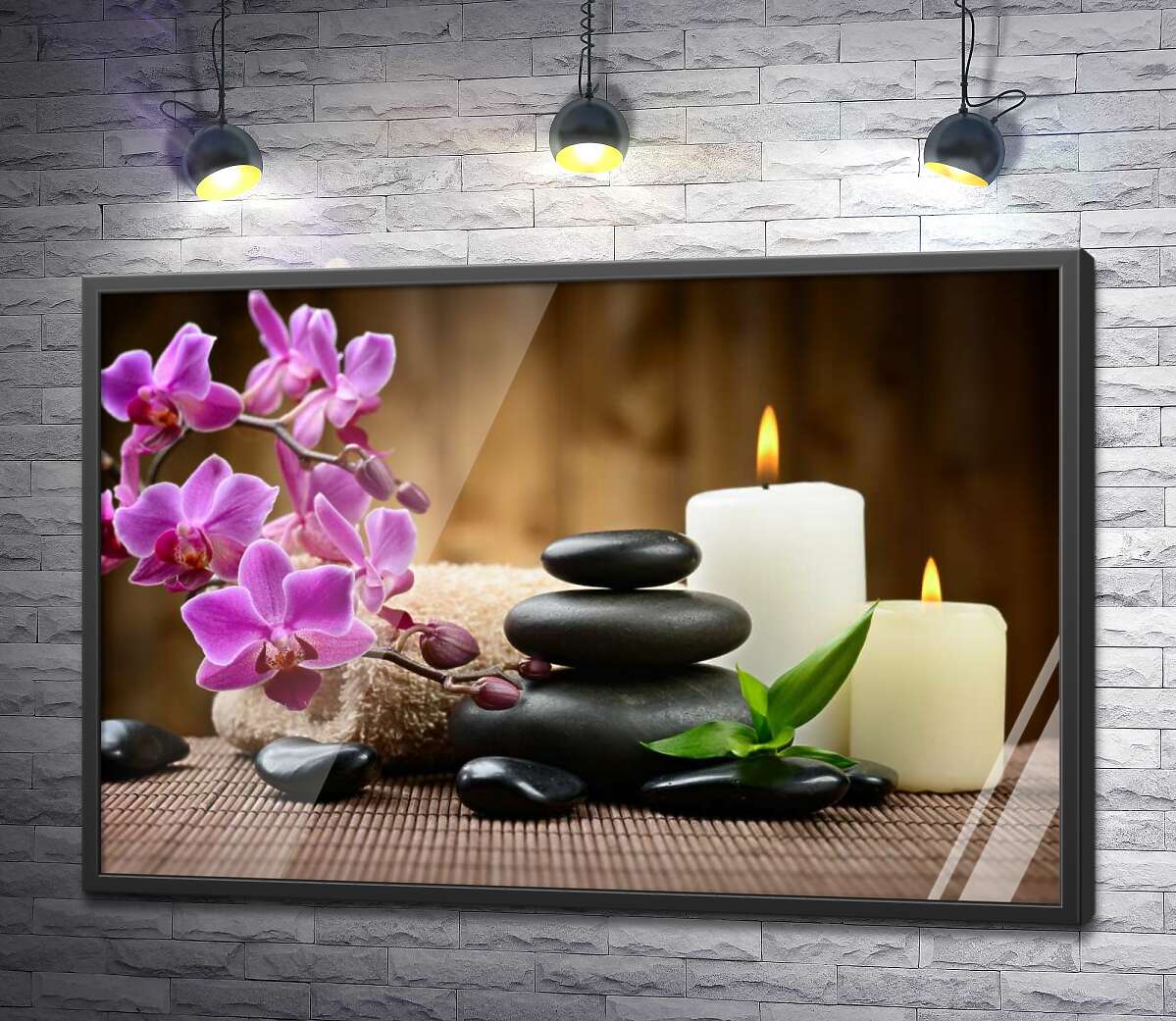 постер Спа-відпочинок в пахощах свічок, орхідей серед бамбуку та каміння