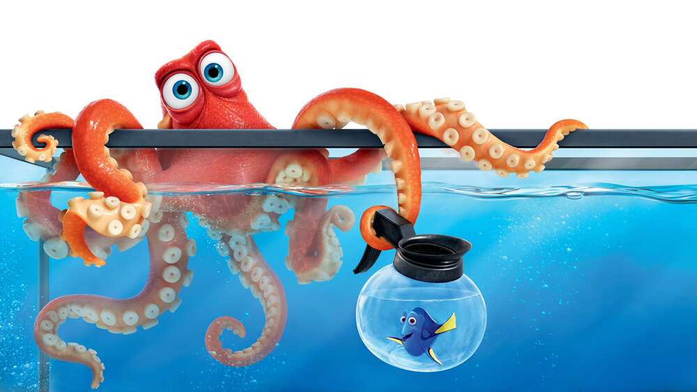 картина-постер Герои мультфильма В поисках Дори (Finding Dory) осьминог Хэнк и рыба Дори в аквариумах