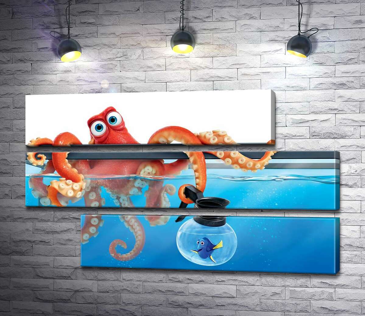 модульна картина Герої мультфільму "В пошуках Дорі" (Finding Dory) восьминіг Хенк та риба Дорі в акваріумах (Модуль №16)