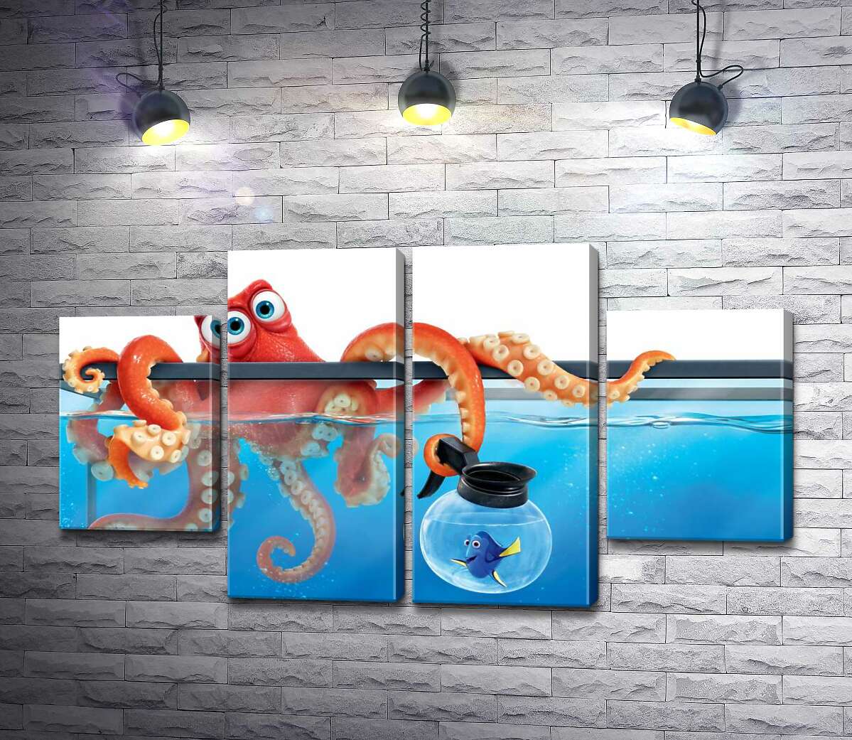 модульная картина Герои мультфильма "В поисках Дори" (Finding Dory) осьминог Хэнк и рыба Дори в аквариумах (Модуль №20)