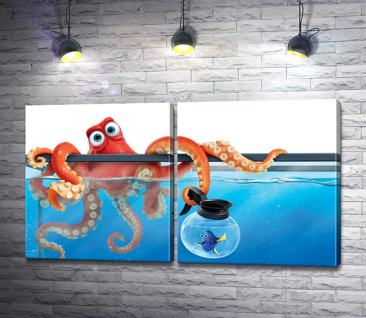 модульна картина Герої мультфільму "В пошуках Дорі" (Finding Dory) восьминіг Хенк та риба Дорі в акваріумах