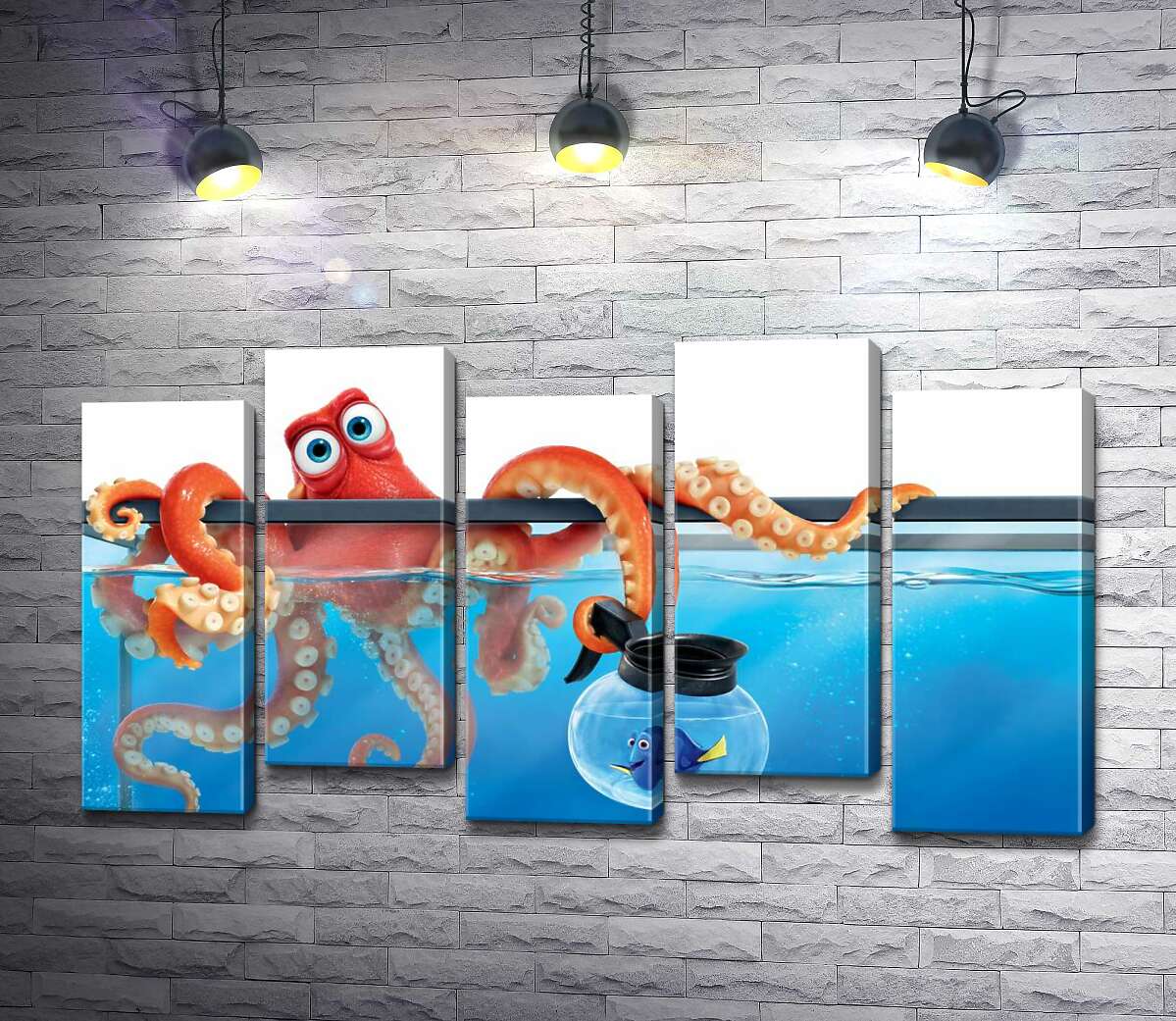 модульная картина Герои мультфильма "В поисках Дори" (Finding Dory) осьминог Хэнк и рыба Дори в аквариумах (Модуль №30)