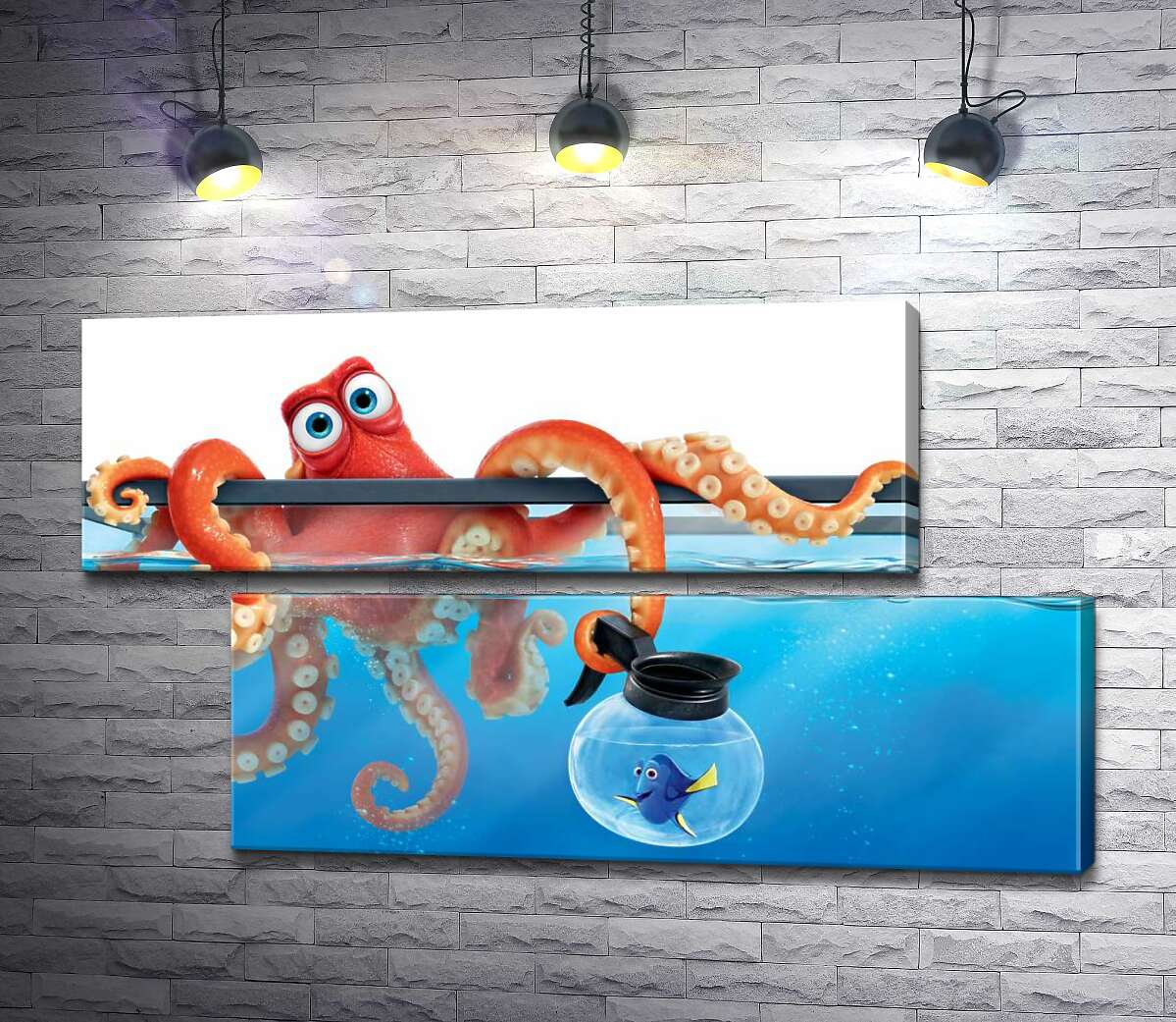 модульная картина Герои мультфильма "В поисках Дори" (Finding Dory) осьминог Хэнк и рыба Дори в аквариумах (Модуль №8)