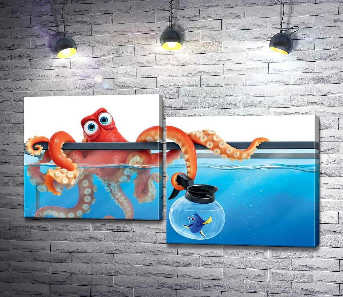 модульна картина Герої мультфільму "В пошуках Дорі" (Finding Dory) восьминіг Хенк та риба Дорі в акваріумах (Модуль №9)