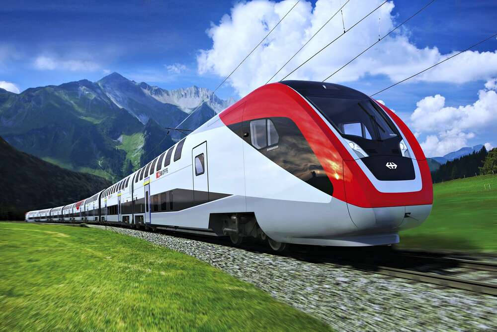 картина-постер Новейший поезд несется по железнодорожному пути среди зеленых гор
